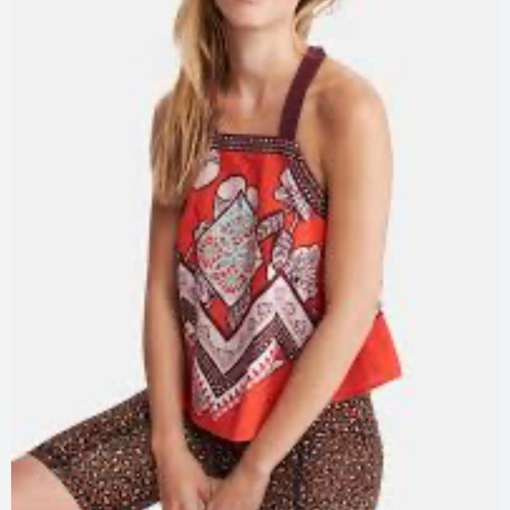 Free People Boho Printed Halter Tank Top Women's Medium- Adjustable Tie Straps